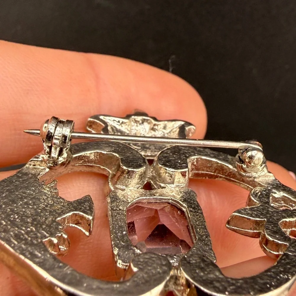 Vintage Scottish Luckenbooth Brooch Rhinestone Thistle Celtic Silver Tone